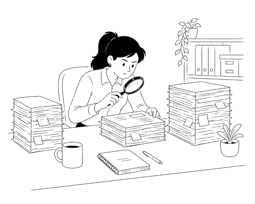 A woman with a magnifying glass auditing governance records.