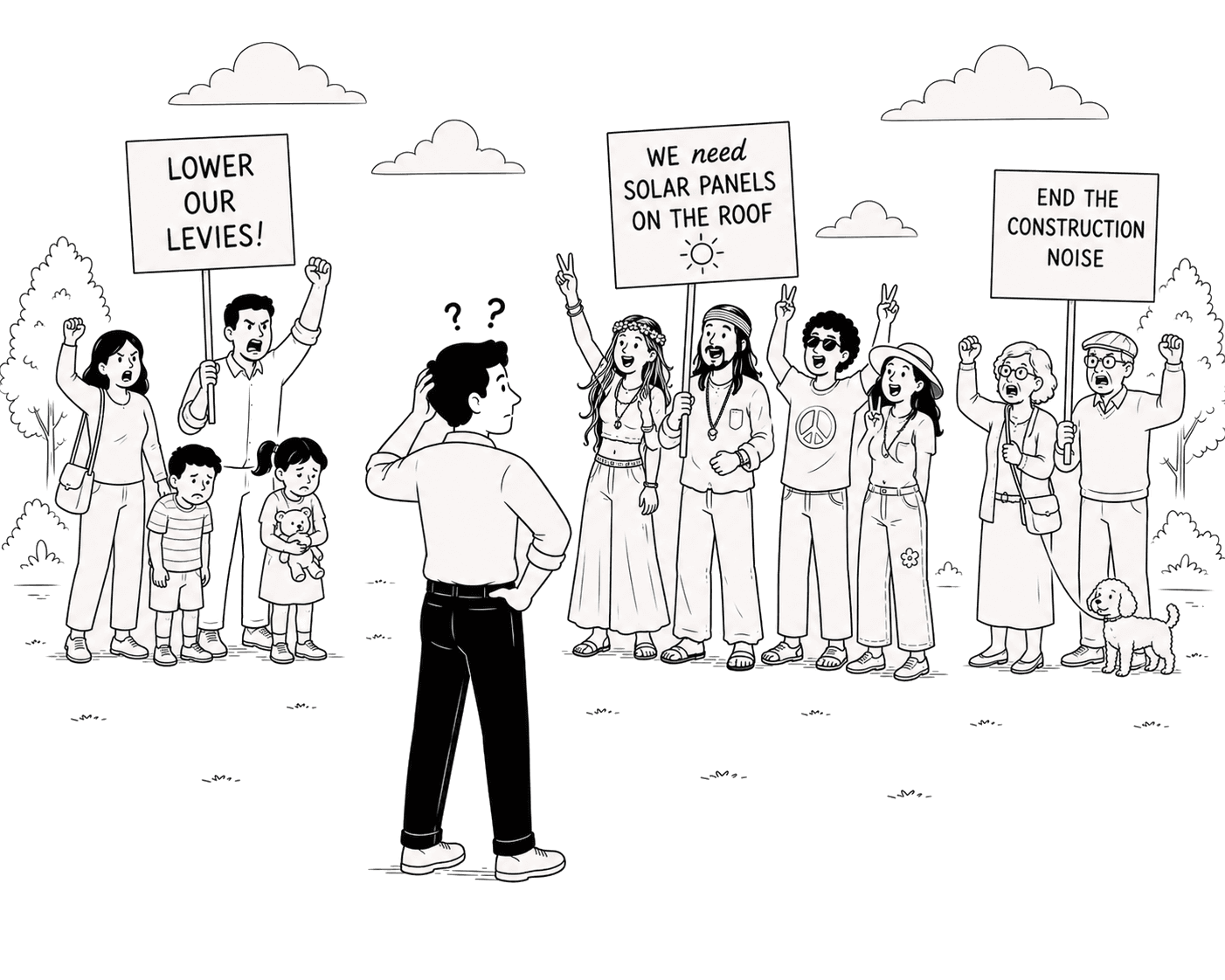 Three groups of owners hold up signs with different demands while a strata manager stands in the middle, head in hand, unsure who to answer first.
