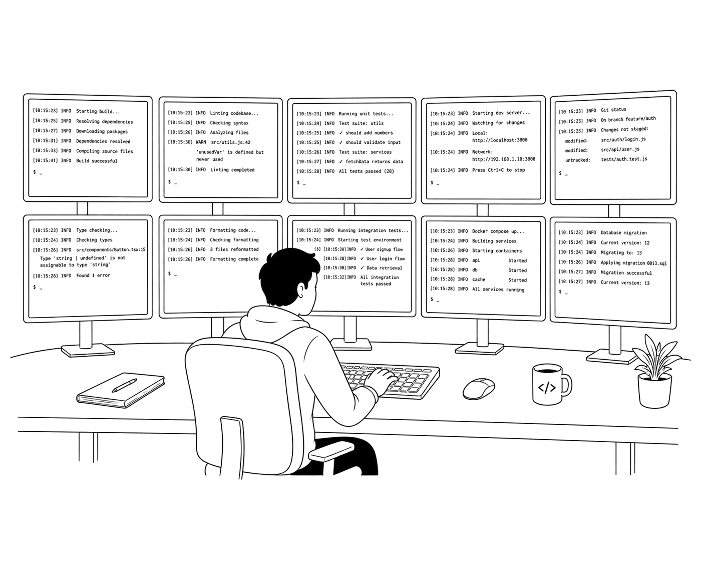 A strata manager's wall of monitors showing live portfolio analytics across multiple buildings.